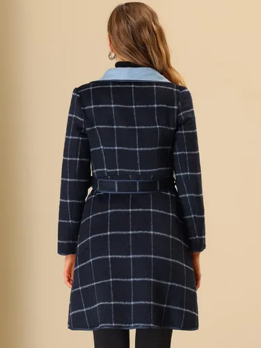Vista 4 de Allegra K Abrigo ligero a cuadros para mujer con cuello de chal a cuadros y cinturón, M