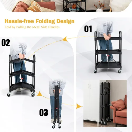 Vista 2 de Goplus Carrito plegable con ruedas, carrito de herramientas de 3 niveles con ruedas y compartimentos bloqueables, carrito de servicio de metal