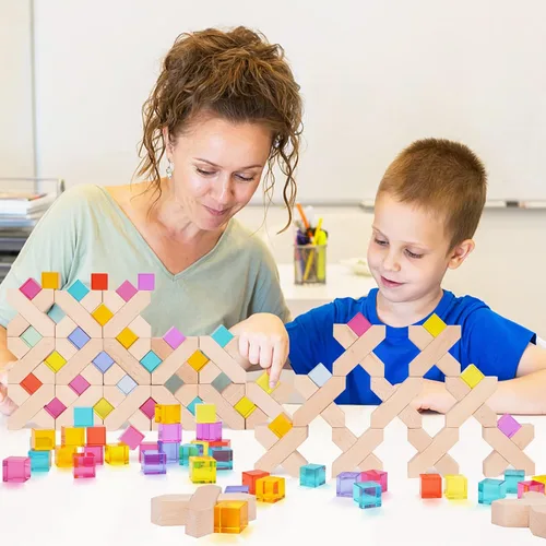 Vista 4 de Agirlgle - Cubos de Construcción de Madera Arcoíris, Bloques de Apilar de Gemas, Juego de Apilado de Arcoíris Montessori Colorido, Elegantes Bloques