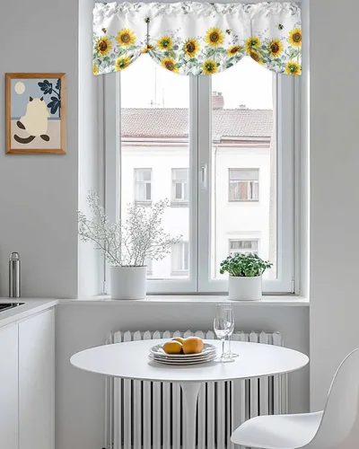 Vista 7 de Cortinas florales pequeñas para ventana de baño y cocina, 1 paquete de cortinas aislantes térmicas con lazos de 60 x 18 pulgadas, girasoles, abejas