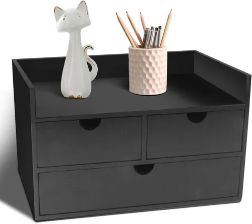 Vista 8 de Organizador de escritorio de bambú Charmewooden con 3 cajones, organizador de encimera con cajones para almacenamiento de maquillaje, organizador