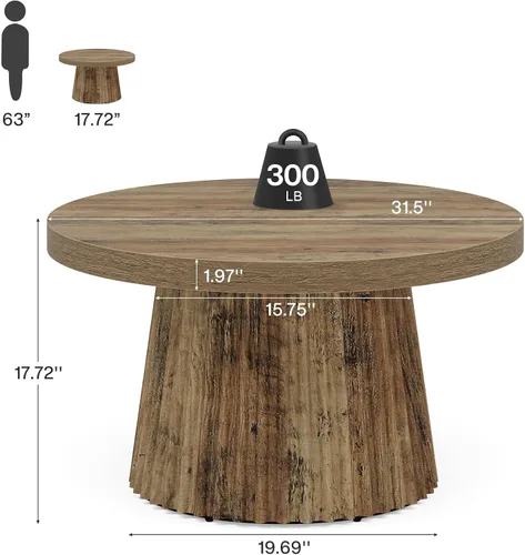 Vista 2 de Tribesigns - Mesa de café, mesa de café redonda pequeña de 31.5" de estilo granja con base de tambor estriada, mesa central de acento boho moderna