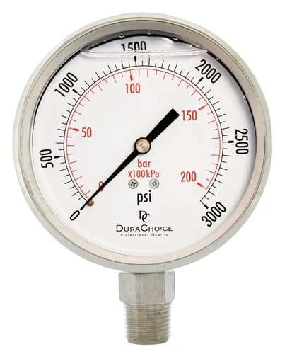 Vista 7 de Medidor de presión de acero inoxidable lleno de aceite de 4" - 1/2" NPT montaje inferior 30 PSI