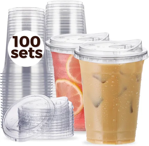 Vista 11 de Paquete de 100 vasos de plástico transparente de 9 onzas con tapas sin popote para beber, vasos desechables de plástico para café helado, vasos