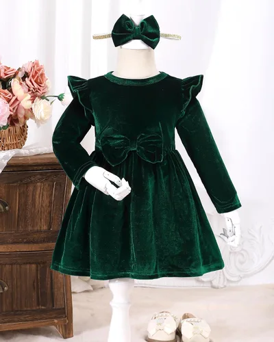 Vista 3 de Kucnuzki Vestido de terciopelo para niña pequeña, vestido de terciopelo sólido para niña, vestido de princesa casual para fiesta de otoño