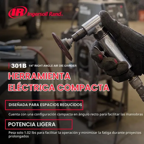 Vista 3 de Ingersoll Rand 301B Amoladora neumática con troquel - 1/4 pulgadas, ángulo recto, 21,000 RPM, construcción de rodamiento de bolas, bloqueo