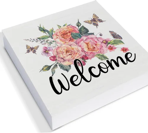 Vista 3 de Letrero de madera con texto en inglés "Welcome Butterflies", caja de madera de granja, bloques de arte de primavera, estante de escritorio, mesa