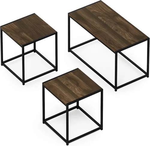 Vista 23 de Furinno Simplistic - Juego de 3 mesas auxiliares y mesa auxiliar, con marco de metal moderno de 2 niveles y 2 mesas auxiliares cuadradas, juego