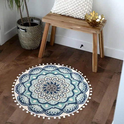 Vista 5 de Uphome Alfombra redonda pequeña de 2.3 pies, color azul, bohemia, con flecos de pompones, antideslizante, lavable, tapete de baño circular