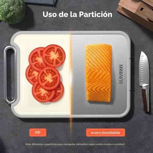 Vista 6 de Sumzzz Tabla de cortar de acero inoxidable para cocina, tabla de cortar 2 en 1 de doble cara, apta para lavavajillas, acero inoxidable de grado