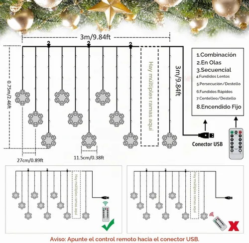 Vista 5 de BLOOMWIN Luces de ventana de decoración de Navidad de 10 pies, 12 copos de nieve, luces de carámbano, luces USB de cortina de Navidad para Copos