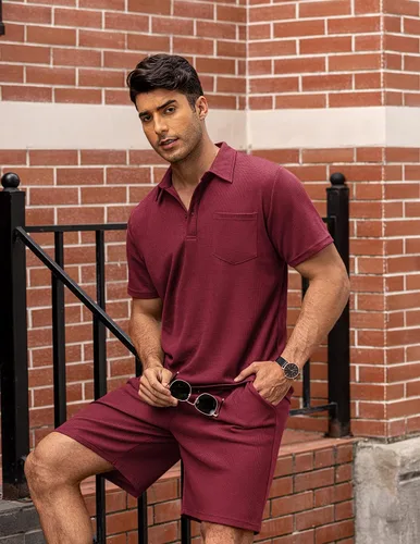 Vista 7 de COOFANDY Conjunto de camisa polo y pantalones cortos de punto gofre para hombre, conjunto de 2 piezas, traje de verano casual con bolsillos