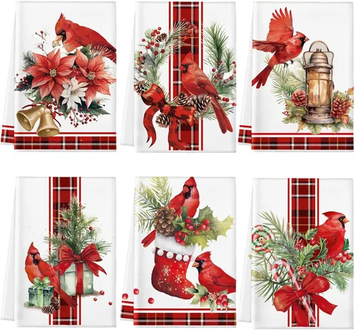 Vista 14 de Hosuly 6 Piezas Toallas de Cocina Navideñas Afroamericanas Paños de Platos de Santa Negro Toallas de Mano Navideñas Negras y Rojas Santa Ángel Acebo