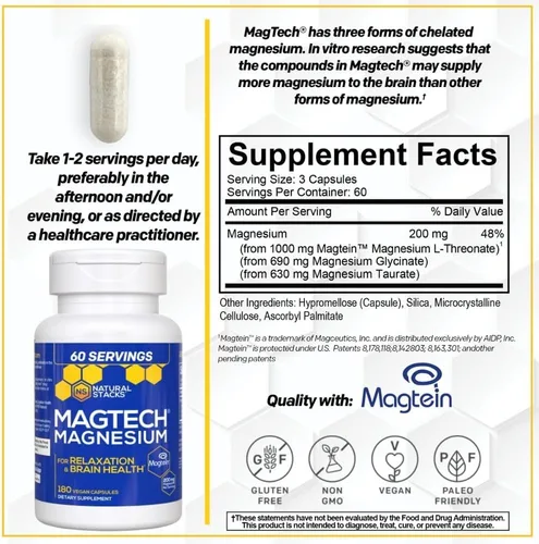 Vista 4 de Natural Stacks Magtech Magnesium Value Bundle - 3 formas de magnesio - Con Magteína L-treonato - Apoya la relajación y la salud cerebral* - 270