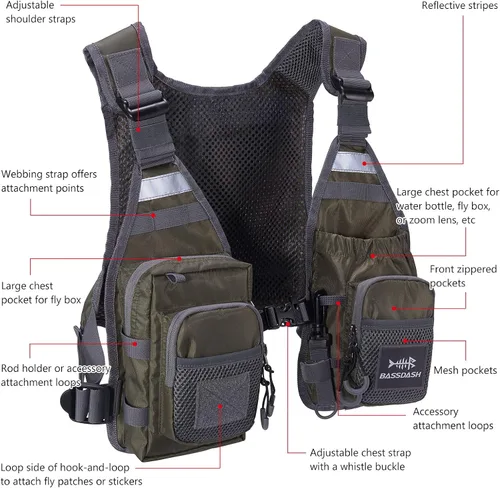 Vista 3 de BASSDASH FV08 Chaleco ultraligero de pesca con mosca para hombres y mujeres Paquete de pecho portátil Talla única para la mayoría