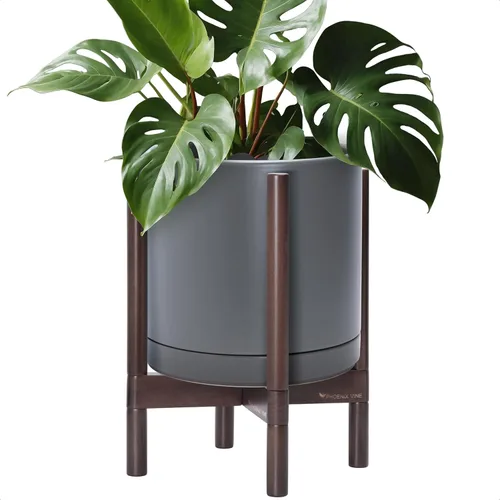 Vista 87 de D'vine Dev Maceta de cerámica con soporte de ébano – Maceta redonda moderna de 8 pulgadas con soporte para maceta de madera, color negro, 55-B-M-2