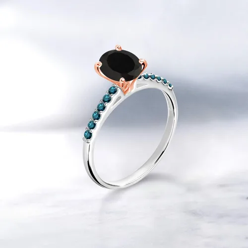 Vista 4 de Gem Stone King Anillo de plata 925 con puntas de oro rosa de 10 quilates 060 quilates ónix negro diamante azul Metal Metal Piedra preciosa Ónix