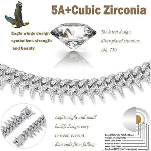 Vista 2 de HUITIAN INTL Cadena de eslabones cubanos para hombres y mujeres, cadena helada con espinas de diamante, circonita cúbica de 18 quilates, chapado