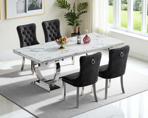 Vista 40 de Juego de mesa de comedor de mármol para 4, mesa de cocina rectangular de mármol blanco de 70 pulgadas con base en O de acero inoxidable dorado