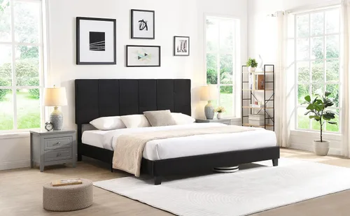Vista 3 de Base de cama tamaño King, moderna cama tapizada con cabecero, base de cama pesada con soporte de listones de madera, fácil montaje, no necesita