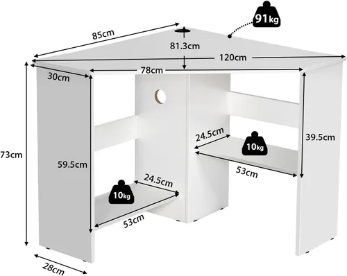 Vista 3 de Augester - Escritorio esquinero moderno, mesa de computadora triangular de 90 grados con estantes, agujero para cable, escritorio esquinero que