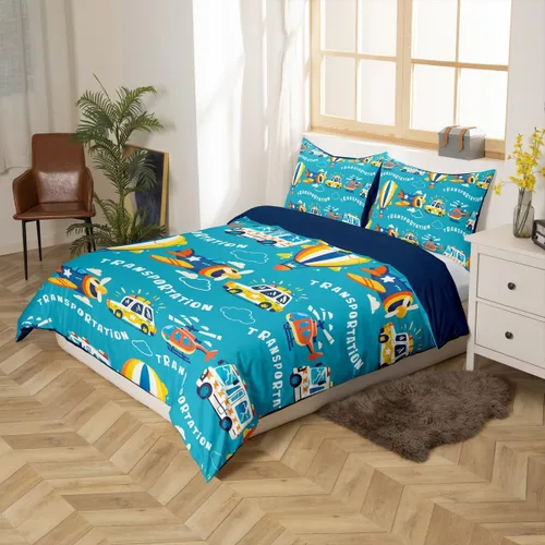 Vista 2 de Erosebridal Funda de edredón de vehículos de dibujos animados tamaño individual para niños y niñas, juego de ropa de cama Kawaii de helicóptero