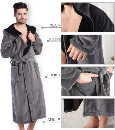 Vista 4 de KEMUSI Bata de baño de longitud completa suave con capucha para hombre, cómodo camisón cálido de longitud completa