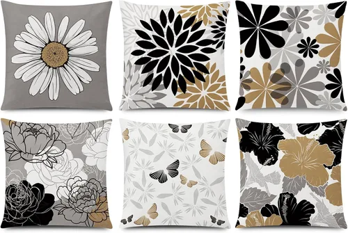 Vista 21 de COMMINY Juego de 6 fundas de almohada decorativas de 16 x 16 pulgadas / 16.0 x 16.0 in., diseño de margaritas y margaritas para sofá, moderna funda