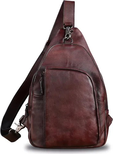 Vista 2 de Bolso bandolera de cuero genuino para hombres y mujeres, mochila vintage de cuero real, bolsa cruzada de hombro, bolsa de pecho