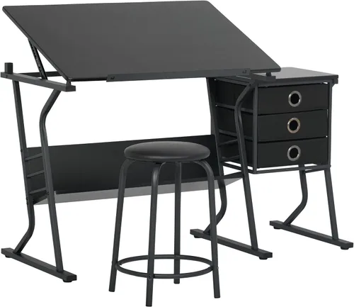 Vista 9 de Eclipse Ultra - Mesa de dibujo con taburete, parte superior ajustable en ángulo, estantes de almacenamiento y cajones de 2 piezas