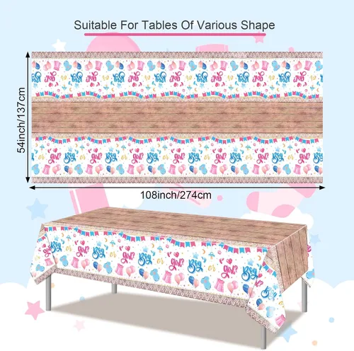 Vista 3 de PHOGARY Mantel de revelación de género para bebé, 3 piezas, decoración de revelación de género, mantel rosa y azul, mantel rectangular desechable