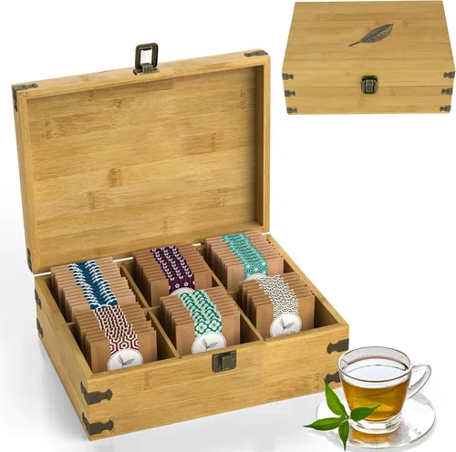 Vista 6 de Caja organizadora de té segura para alimentos, libre de productos químicos, baúl de almacenamiento de bambú, cubos ajustables