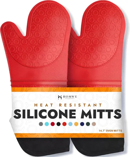 Vista 32 de HOMWE - Manopla de horno profesional y extralarga de silicona, guantes con forro acolchado, agarraderas resistentes al calor, guantes flexibles