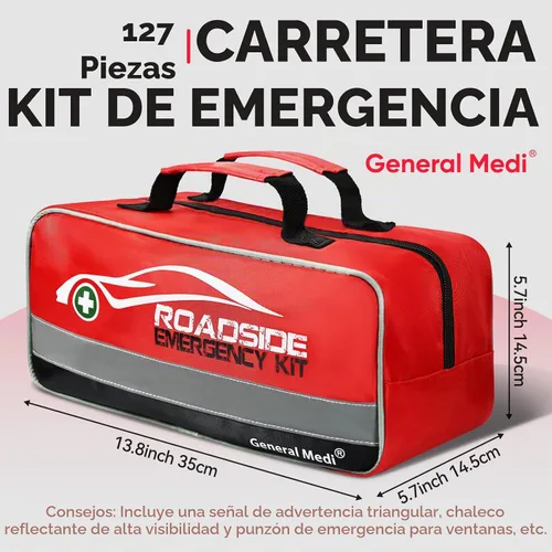 Vista 3 de General Medi Kit de emergencia para coche de 127 piezas incluye kit miniatura de primeros auxilios, cables de arranque, cuerda de remolque, vendaje