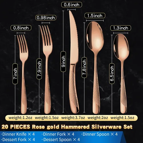 Vista 3 de Lemeya Juego de cubiertos martillados de oro rosa martillado de 20 piezas para 4 con cuchillos de forja dentados, juego de cubiertos moderno