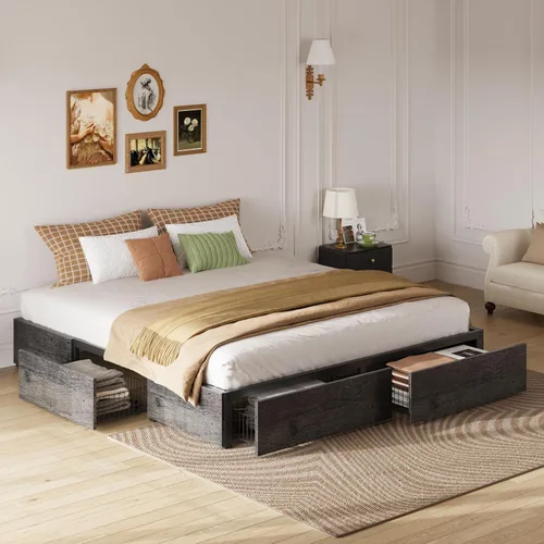 Vista 8 de LIKIMIO Base de cama King con 4 cajones de almacenamiento, color gris Gris carbón