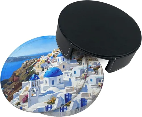 Vista 4 de Famame 6 posavasos de cuero para bebidas con soporte para pintura al óleo, hermosos juegos de posavasos Santorini para mesa de bebidas, posavasos