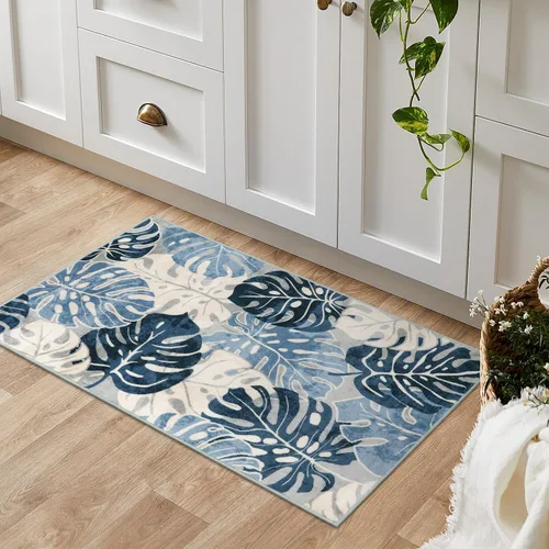 Vista 7 de Wonnitar Leaf - Alfombra de cocina de 2x3 pies, alfombra azul pequeña para baño, alfombra decorativa lavable para mesita de noche, planta