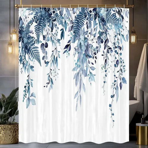 Vista 11 de Cortina de ducha de eucalipto azul, juego de cortinas de ducha de eucalipto con hojas de acuarela impermeables, cortinas de baño de tela con hojas