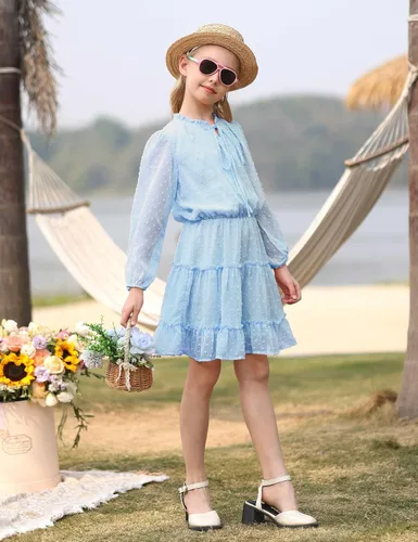 Vista 7 de DONWEN Vestido de punto suizo para niña, manga larga, vestido de gasa fluido, vestido de primavera y verano, con lazo frontal, vestidos casuales