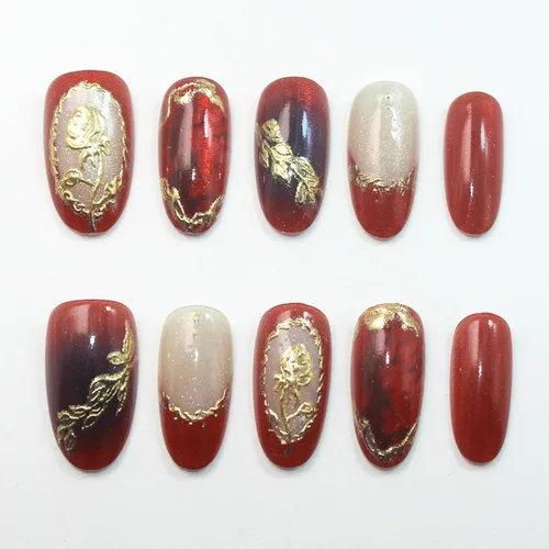 Vista 50 de Uñas postizas largas a presión, color negro, diseño francés y floral, 24