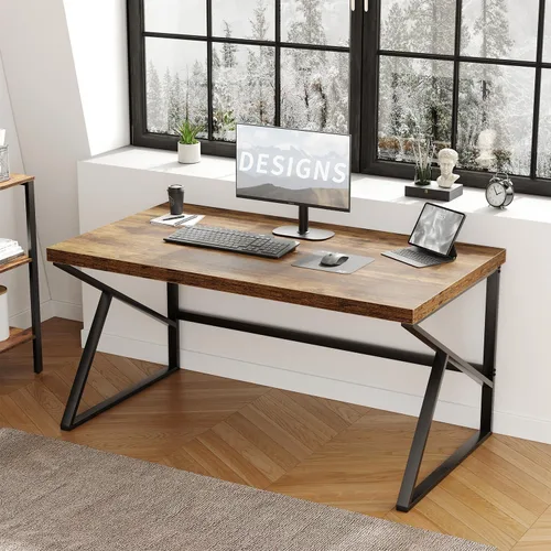 Vista 11 de HSH Escritorio para oficina en casa, escritorio industrial de metal y madera para computadora para PC, portátil, trabajo, escritura, estudio