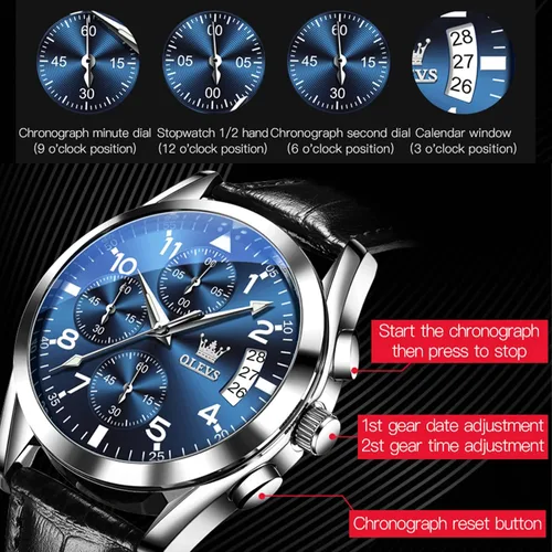 Vista 5 de OLEVS Reloj cronógrafo de cuarzo para hombre, correa de cuero dorada con fecha de día, reloj de pulsera de acero inoxidable impermeable, relojes