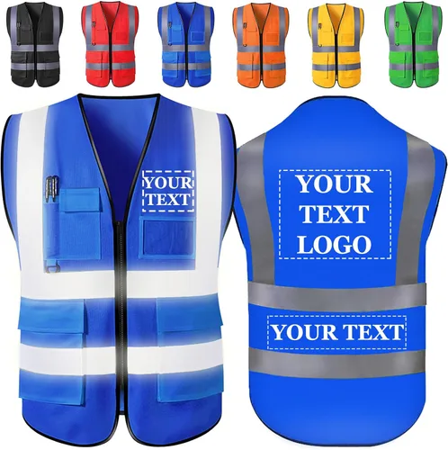 Vista 13 de Chaleco de seguridad personalizado con logotipo, texto, nombre, alta visibilidad, bolsillos y cremallera, a granel para mujeres y hombres Class 2