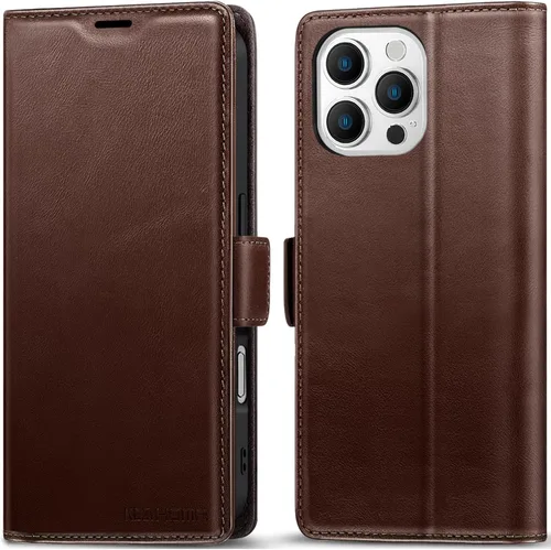 Vista 9 de KEZiHOME Funda de piel auténtica compatible con iPhone 16, con bloqueo RFID, con soporte para tarjetas, función atril magnético, funda protectora
