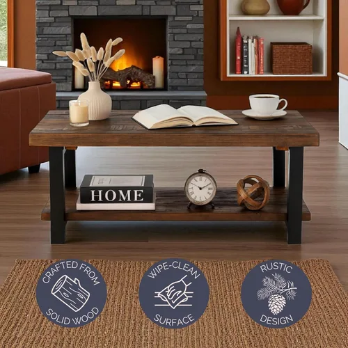 Vista 3 de Pomona - Mesa auxiliar rectangular de madera maciza de 42 pulgadas con estante de almacenamiento y patas de metal, mesa rústica industrial para sala