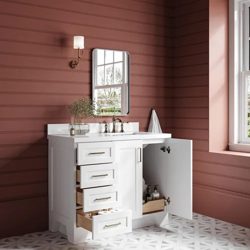 Vista 3 de ARIEL Taylor - Lavabo de baño individual de 43 pulgadas en blanco, parte superior de cuarzo con borde de 1.5 pulgadas, madera maciza, fregadero