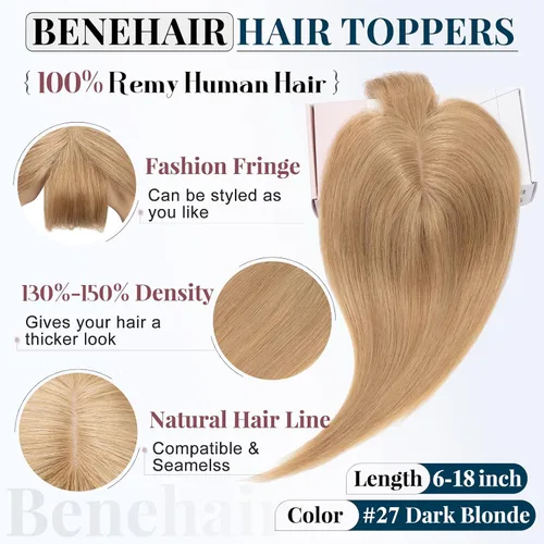 Vista 2 de Benehair Peluca de cabello con clip con flequillo, peluca secreta de cabello 100% humano, postizo superior con flecos, peluca de repuesto