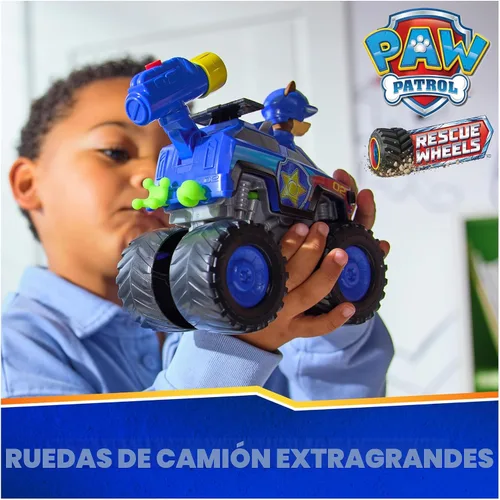 Vista 2 de Paw Patrol: Rescue Wheels Chase's Cruiser, camión de juguete con lanzador de proyectiles y figura de acción coleccionable, juguetes para niños