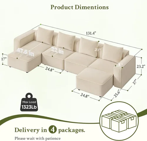 Vista 2 de Welzona Sofá modular de 132 pulgadas, sofá modular bloqueado, sofás con marco de madera para sala de estar, sofá en forma de U de 22 pulgadas